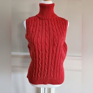 Brick Red Cable Knit Turtleneck Sleeveless Sweater